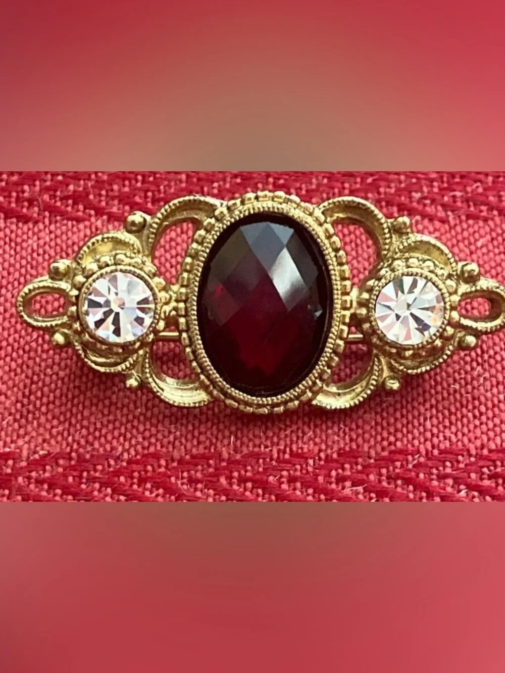 Vintage 80s 1928 Brand Victorian Revival Red & Clear Rhinestones Bar Broach